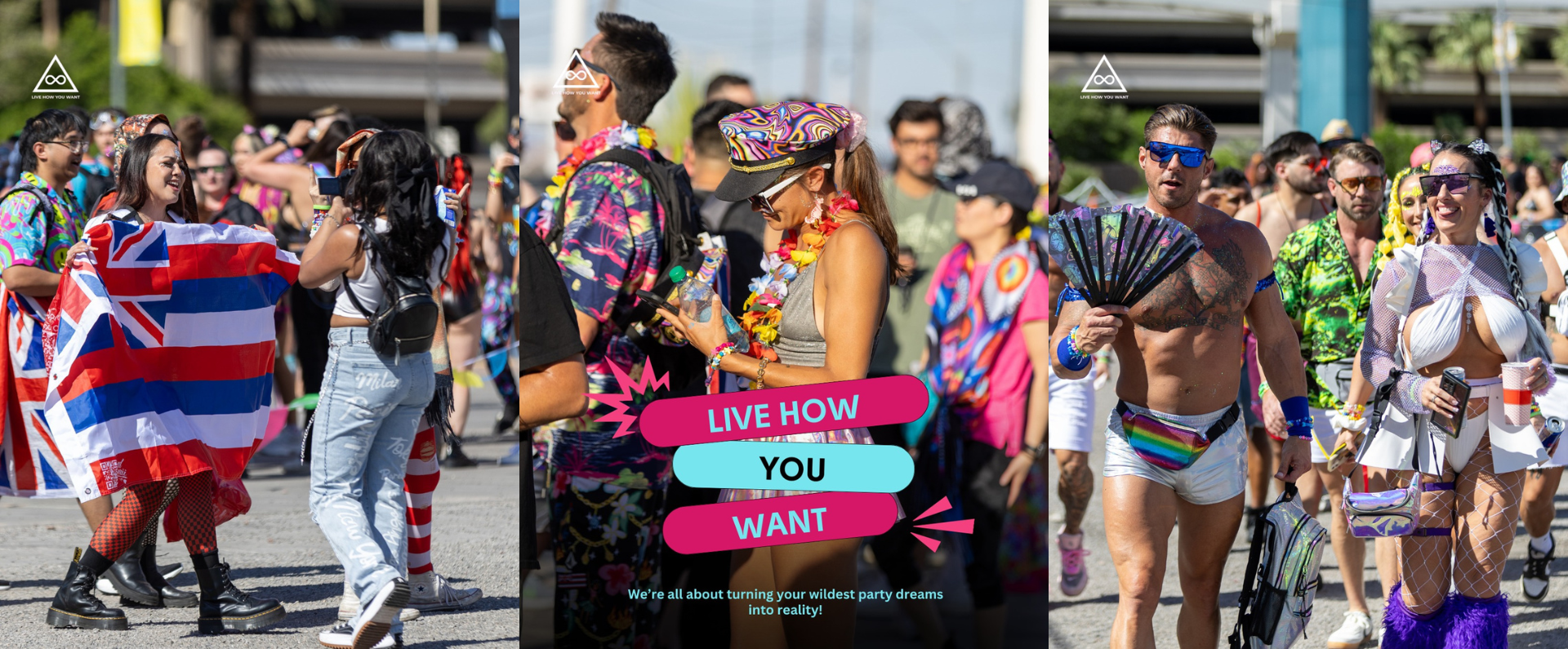 Group of friends enjoying the ride on a Live How You Want Shuttle, all smiles as they head to the vibrant EDC Las Vegas festival!