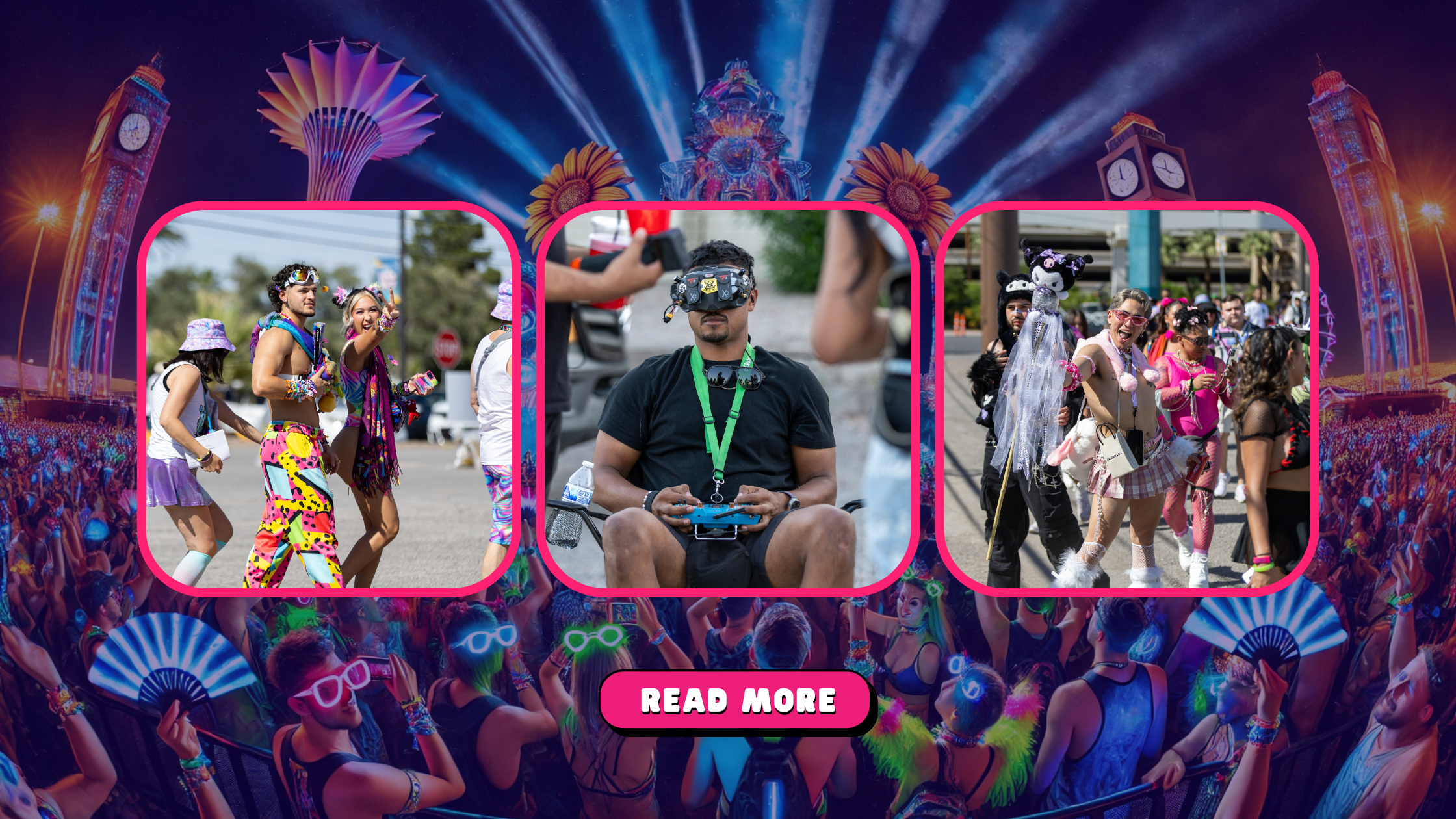 Different groups of people at EDC Vegas showing off their unique festival styles — from colorful rave fits and kandi totems to a guy in VR goggles — capturing the diverse crowd at the event.