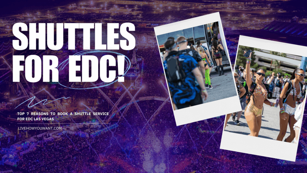 EDC Las Vegas shuttle promo with rave-goers and party bus vibes.