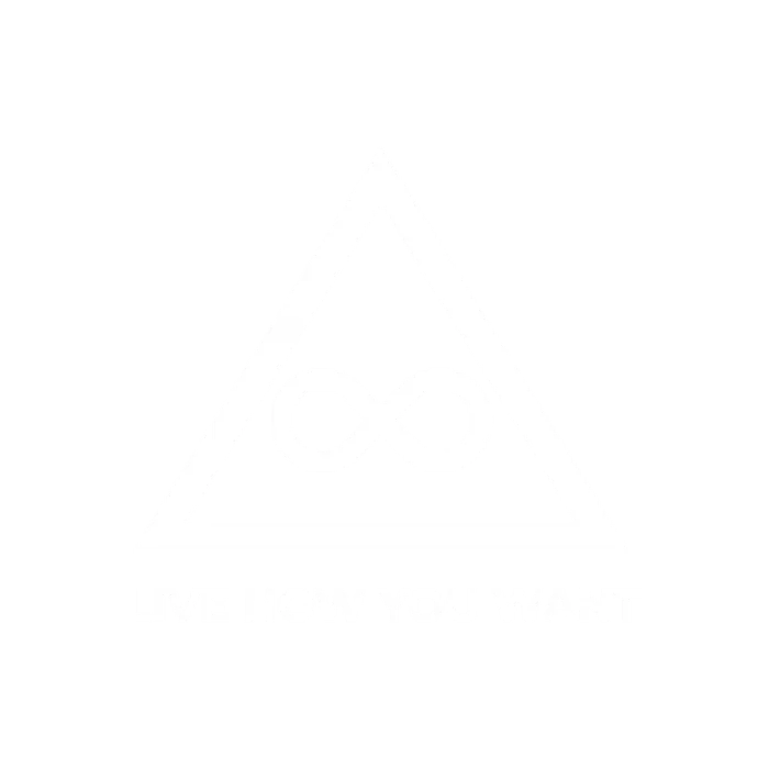 Live How You Want logo featuring a white triangle outline with an infinity symbol inside, and the brand name 'Live How You Want' displayed below, set against a black background.